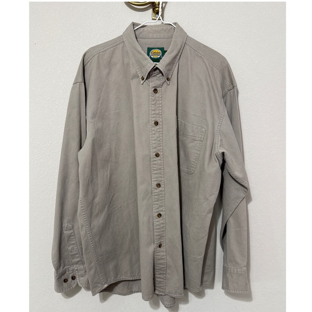 Cabelas Button Down Shirt Mens XL Tan Heavy Cotton Twill Long Sleeve Outdoor